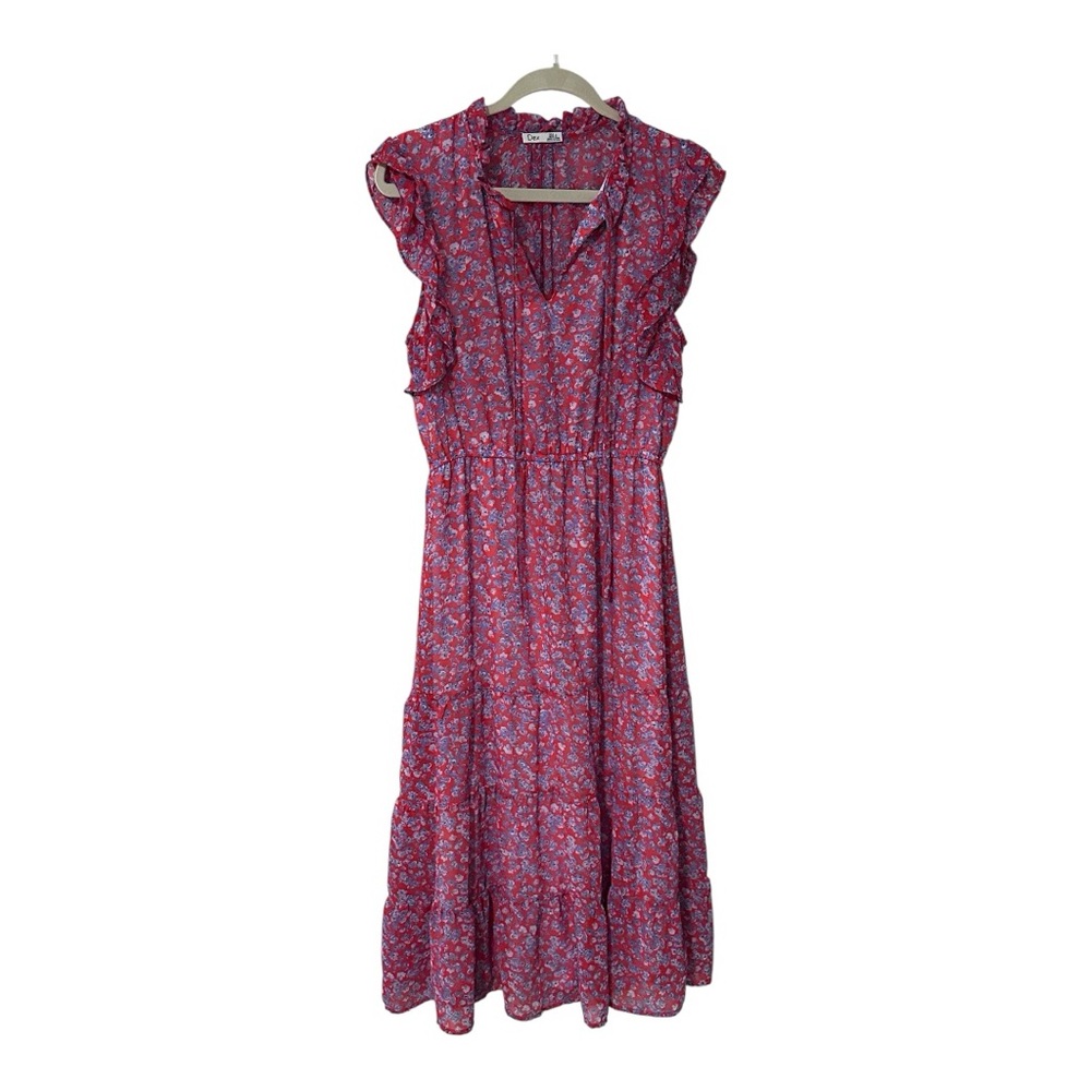 Dex Vibrant Red White Blue Print Floral Dress Size Large L